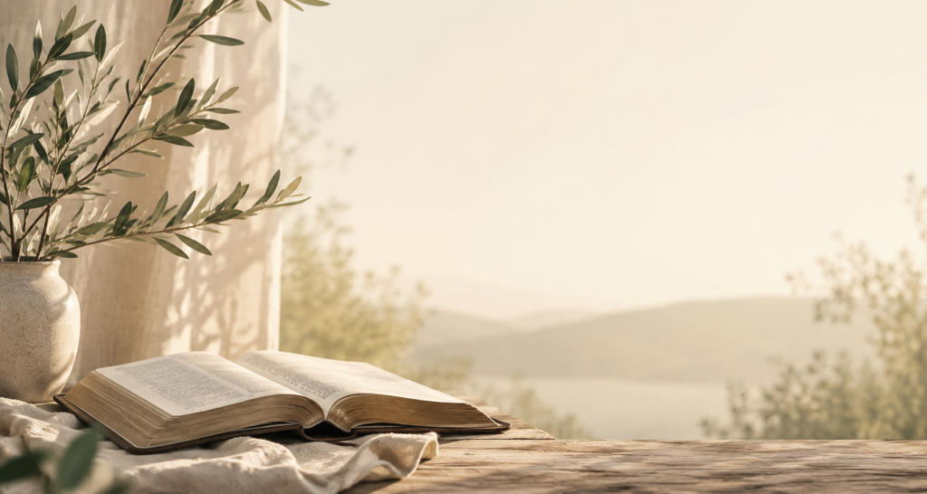 Open Bible with olive branches in a peaceful natural setting