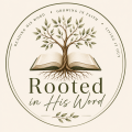 Rooted in His Word logo – open Bible with a rooted tree